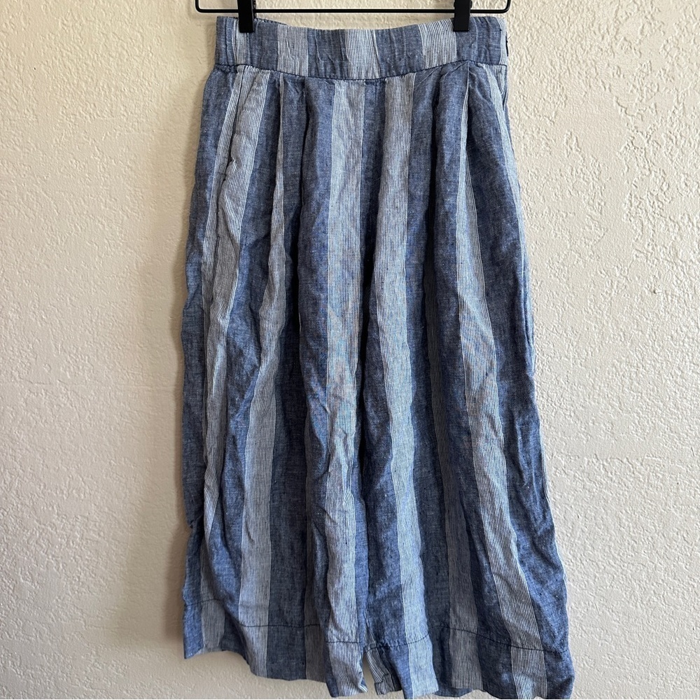 GAP Hi Rise Stripe Cropped Wide Leg Linen Pants Lagenlook Vacation Clean Blue - Picture 2 of 11